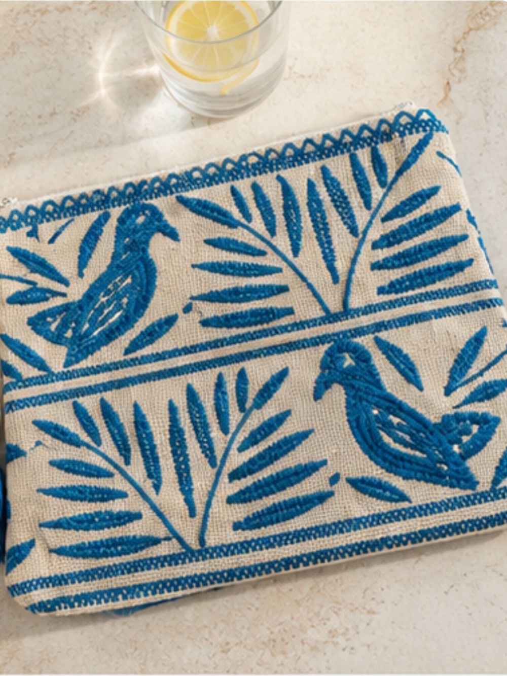 Star Mela Blue Embroidered Bird Tassel Boho Canvas Zip Bag 12" x 10" - Picture 3 of 12